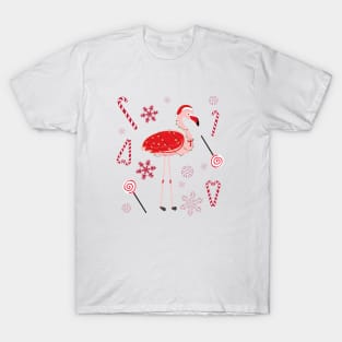 Flamingo with Christmas candy and snowflakes T-Shirt